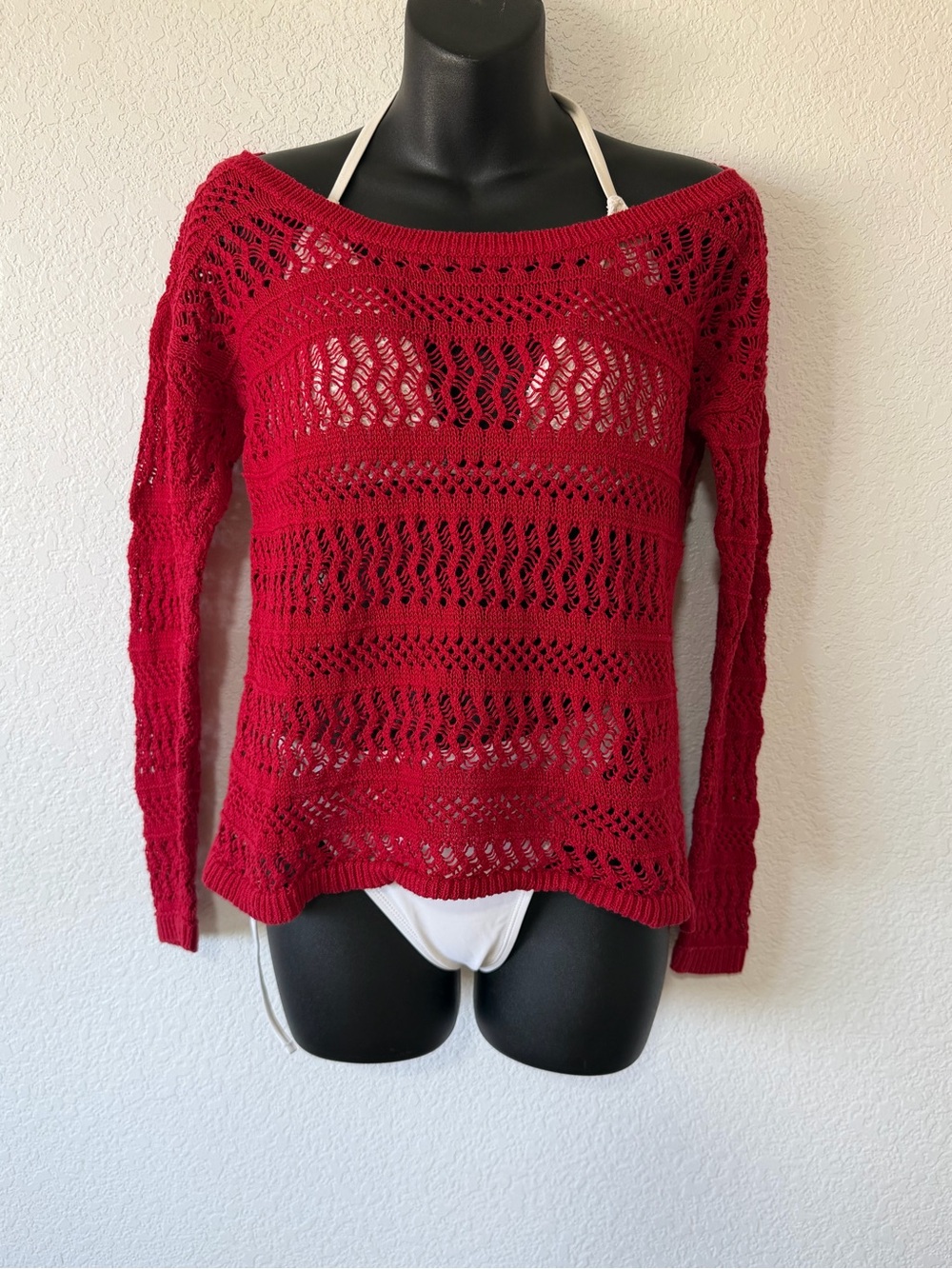 Red Open-Knit Long Sleeve Sweater